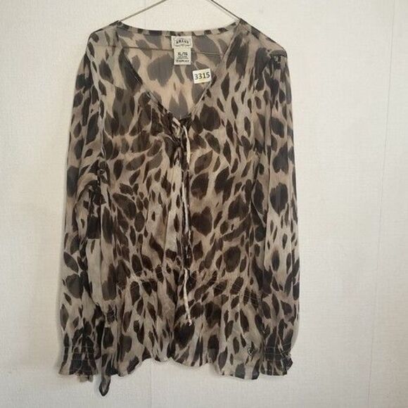 Ariat Animal Print Semi Sheer Cinch Waist V-Neck Long Slv. Blouse Women Size XL - Picture 7 of 9